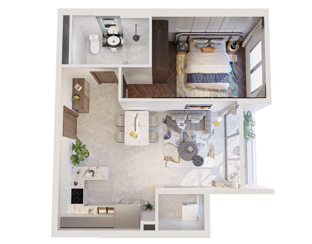 Mẫu căn hộ 1PN diện tích 56,88m2