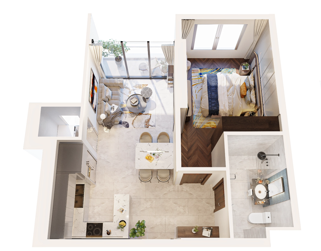 Mẫu căn hộ 1PN diện tích 53,82m2
